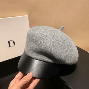 Gray Wool Beret with Black Leather Brim